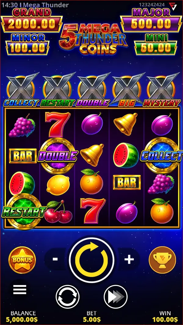 5 Mega Thunder Coins mobile — Main game screen